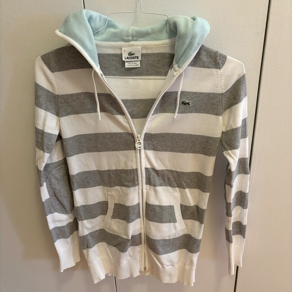 Lacoste Striped Zip Up Cotton Sweater Hoodie - Picture 5 of 8